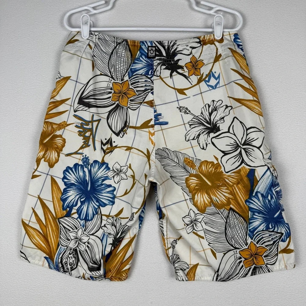 Rusty Board Shorts Mens 32 Y2K Hawaiian Floral Hibiscus Print Surf Swim Trunks